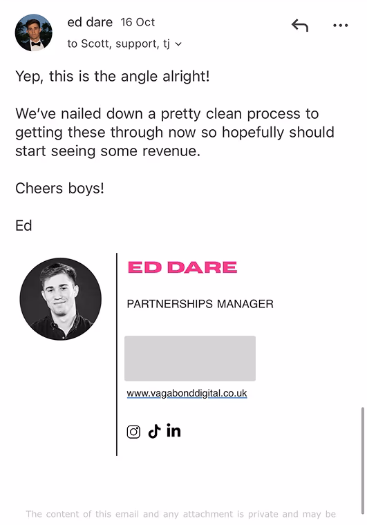 Email reply from Ed Dare about the outreach process