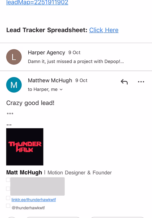 Email from Matthew McHugh about a strong lead