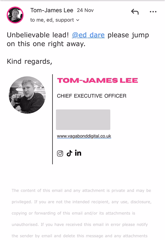 Email from Tom-James Lee forwarding a booked lead